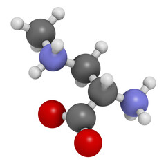 beta-Methylamino-L-alanine (BMAA) toxic amino acid molecule. Produced by cyanobacteria, 3D rendering.