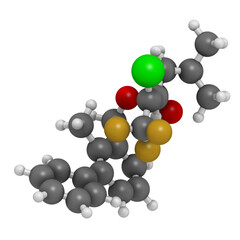 Bifenthrin insecticide molecule (pyrethroid class), 3D rendering.