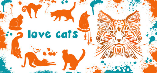 Design for a mug. I love cats. Vector illustration