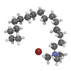 Cetrimonium bromide antiseptic surfactant molecule, 3D rendering.