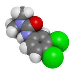 Diuron (DCMU) herbicide molecule, 3D rendering.