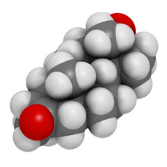 Drostanolone anabolic steroid molecule, 3D rendering.
