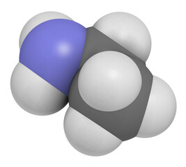 Ethylamine organic base molecule, 3D rendering.