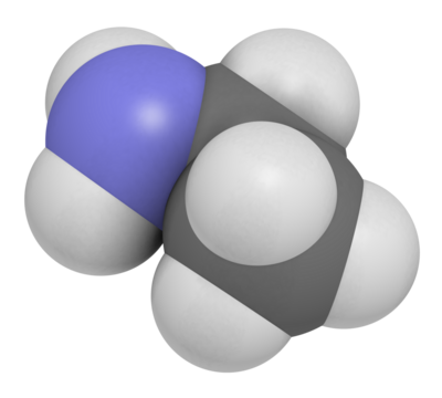 Ethylamine organic base molecule, 3D rendering.