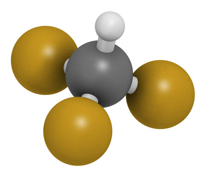 Fluoroform greenhouse gas molecule, 3D rendering.