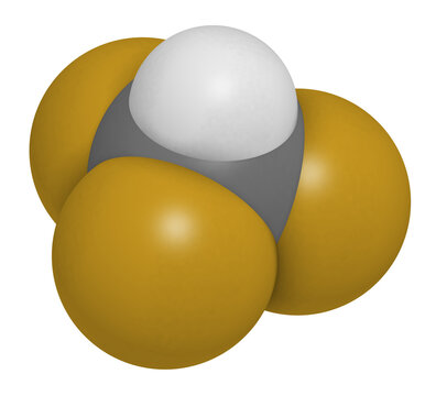 Fluoroform greenhouse gas molecule, 3D rendering.