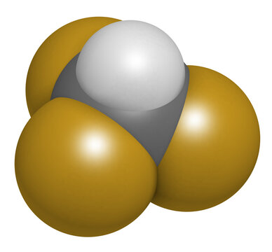 Fluoroform greenhouse gas molecule, 3D rendering.