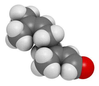 Geranial lemon fragrance molecule, 3D rendering.