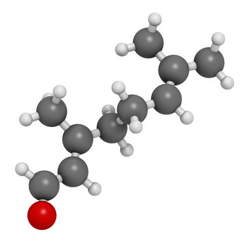 Geranial lemon fragrance molecule, 3D rendering.