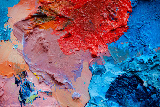 Colorful abstract texture. Smears of oil paint and a palette knife on an art palette. The concept of the modern school of art. Fragment of creative work. Colors of the year 2023.