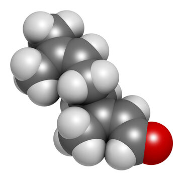 Geranial lemon fragrance molecule, 3D rendering.
