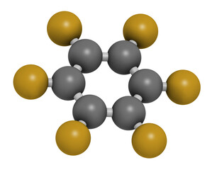 Hexafluorobenzene molecule, 3D rendering.
