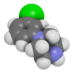 Meta-chlorophenylpiperazine (mCPP) psychoactive drug molecule, 3D rendering.