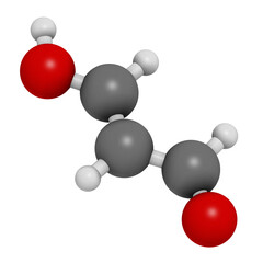 Malondialdehyde (MDA, enol form) molecule. Marker of oxidative stress and naturally produced during the lipid peroxidation of polyunsaturated fatty acids, 3D rendering.