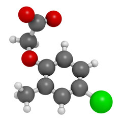 MCPA (2-methyl-4-chlorophenoxyacetic acid) herbicide molecule, 3D rendering.