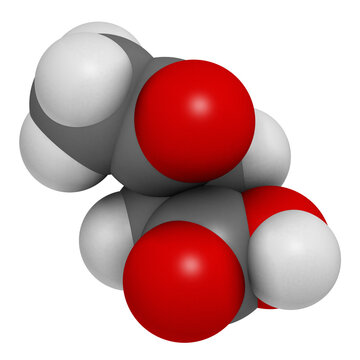 Levulinic acid molecule. Made by degradation of cellulose, potential precursor to biofuels, 3D rendering.