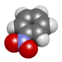 Nitrobenzene solvent molecule, 3D rendering.