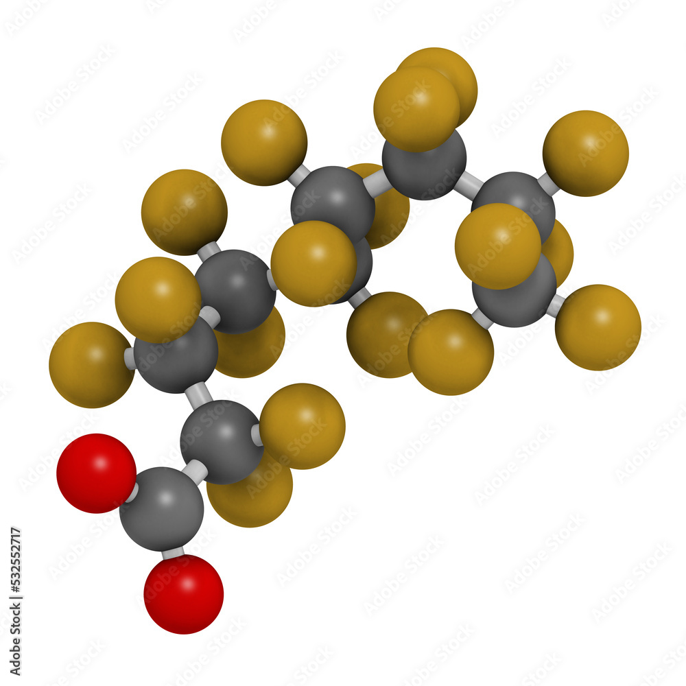 Poster Perfluorononanoic acid (PFNA, perfluorononanoate) surfactant molecule, 3D rendering.