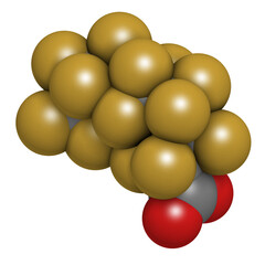 Perfluorononanoic acid (PFNA, perfluorononanoate) surfactant molecule, 3D rendering.