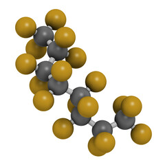 Perfluorooctane molecule, 3D rendering.