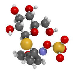 Sinalbin glucosinolate molecule. Present in seeds of white mustard (Sinapis alba), 3D rendering.