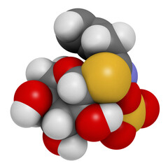 Sinigrin glucosinolate molecule. Present in some cruciferous vegetables (Brussels sprouts, broccoli, black mustard, etc), 3D rendering.