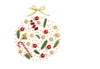Christmas decorations in the shape of a Christmas bauble isolated on a white background. Happy New Year. View from above.