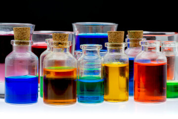 Colored water in mini glass bottles