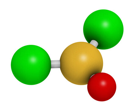 Thionyl chloride (SOCl2) chemical reagent molecule, 3D rendering.