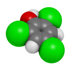 Trichlorophenol (TCP, 2,4,6-trichlorophenol) molecule, 3D rendering.