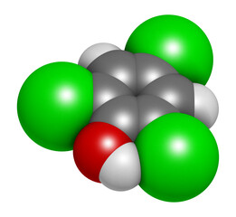 Trichlorophenol (TCP, 2,4,6-trichlorophenol) molecule, 3D rendering.