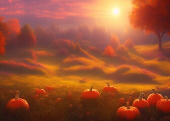 Fantasy autumn rural landscape with big pumpkins on a grass field. Beautiful autumn sunset sky. 3D render.