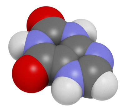 Xanthine purine base molecule, 3D rendering.