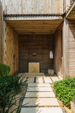 Tropical rain shower open bathroom Outdoor shower with wood
