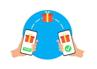 A hand holds a phone and sends a gift to another phone. Vector illustration