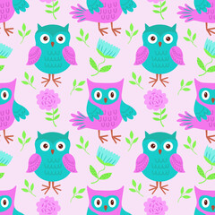 Vector seamless pattern with bright owls. Vector illustration with owls for children. It is used for printing on children's fabrics, packaging, wallpaper, textiles, design.
