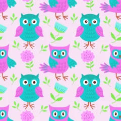 Fotobehang Vector seamless pattern with bright owls. Vector illustration with owls for children. It is used for printing on children's fabrics, packaging, wallpaper, textiles, design. © Nadezhda