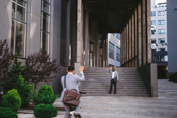 Workmates saying goodbye after job 