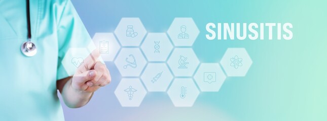 Sinusitis. Male doctor pointing finger at digital hologram made of icons. Text with medical term. Concept for digitalization in medicine