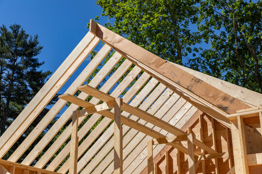 Angle on Residential Wood House Roof Frame  Under Construction 