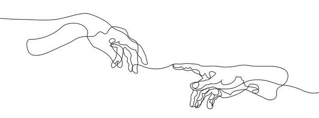 Adam and God hands one line drawing on white isolated background - obrazy, fototapety, plakaty