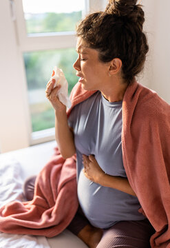 Pregnant woman sneezing at home