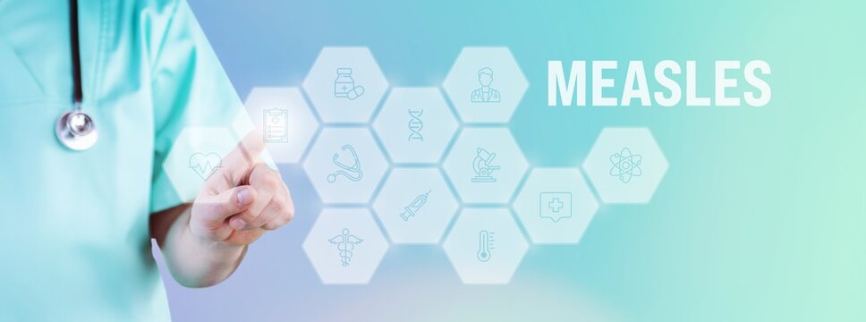 Measles. Male doctor pointing finger at digital hologram made of icons. Text with medical term. Concept for digitalization in medicine
