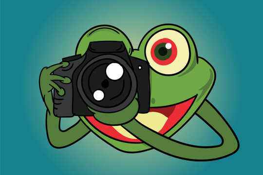 green frog with camera cartoon. frog photograper. good for macro photography tshirt or macro photography community logo