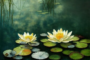 Water lilies, pitchers oil painted. Flowers painted on a concrete grunge wall. Stunningly beautiful, modern mural, wallpaper, photo wallpaper, cover, postcard design - obrazy, fototapety, plakaty