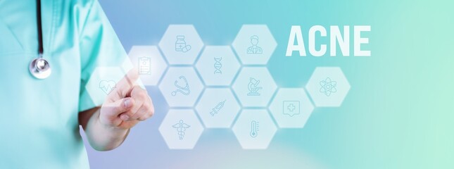 Acne. Male doctor pointing finger at digital hologram made of icons. Text with medical term....
