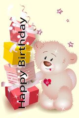 cute teddy bear and a mountain of presents. Card Design Template 