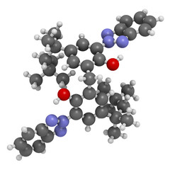 Bisoctrizole sunscreen molecule, 3D rendering. Atoms are represented as spheres with conventional color coding: hydrogen (white), carbon (grey), oxygen (red), nitrogen (blue).