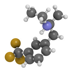 Fenfluramine weight loss drug molecule, 3D rendering (withdrawn). Atoms are represented as spheres with conventional color coding: hydrogen (white), oxygen (red), nitrogen (blue), fluorine (gold).