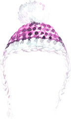 Watercolor pink Nordic knitted hat illustration, swedish, hygge, Christmas warm winter clothes accessories, sticker, print, new year costume, funny hipster decor, create character,new year diy